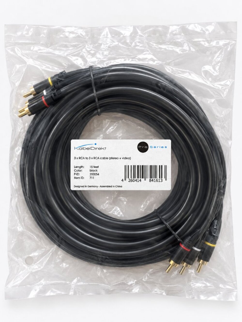KabelDirekt 3x RCA to RCA Cable, Stereo & Video Cable PRO-SERIES 6 ft. Black